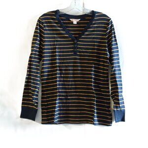 Brooks Brothers Red Fleece  Navy & Gold V-Neck Striped Long Sleeve Henley Top, S